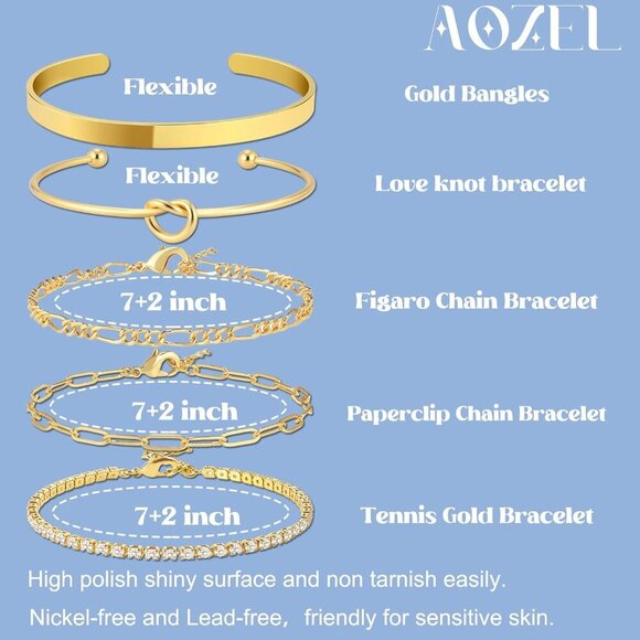 14K Real Gold-D Plated Bangle Cuff Non Tarnish Trendy Stack Bracelets for Women - Picture 3 of 7